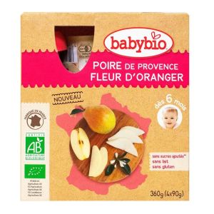 Babybio - Gourdes Poire fleur d'oranger - 4 x 90g - dès 6 mois