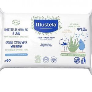 Mustela - Lingettes de coton bio à l'eau - 60 lingettes