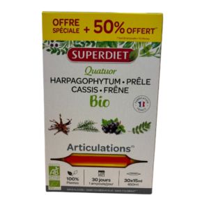 Superdiet - Quatuor Harpagophytum Prêle - Cassis - Frêne bio Articulations - 30 ampoules de 15 mL