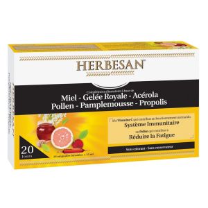 Herbesan - Miel, gelée royale, acérola, pollen, pamplemousse & propolis - 30 ampoules