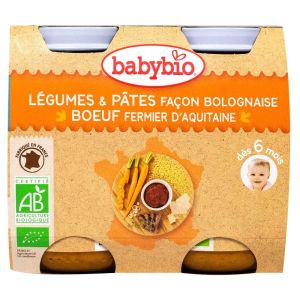 Babybio - Légumes & Pâtes façon bolognaise Bœuf fermier d'Aquitaine - dès 6 mois - 2x200g