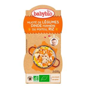 Babybio - Mijoté de légumes Dinde fermière du Poitou, Riz - dès 8 mois - 2x200g