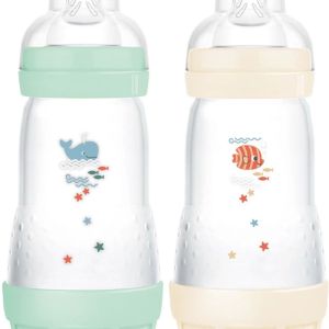 MAM  - 2 Biberons Easy Start 320 ml 4 Mois et + Débit 3 - Couleur : Menthe/Coton