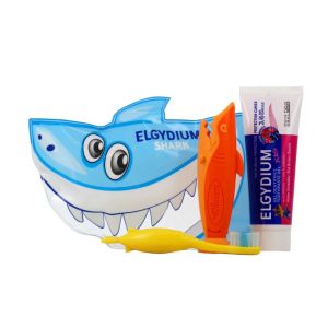 Elgydium - Trousse de voyage requin - 1 brosse à dent + 1 dentifrice grenadine + 1 trousse