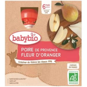 Babybio - Gourdes Poire fleur d'oranger - 4 x 90g - dès 6 mois