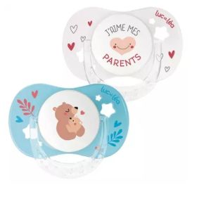 Luc et Léa - Duo de sucettes anatomiques – J’aime mes parents et Petit ours - 0-6 mois -  2 unités