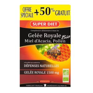 Superdiet - Gelée royale 1500 mg, miel d'acacia & pollen - 30 ampoules 15 ml