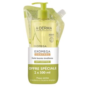 A-derma - Exomega Control - Huile lavante emolliente anti-grattage 500ml + éco-recharge 500ml