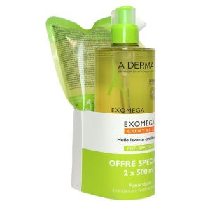 A-derma - Exomega Control - Huile lavante emolliente anti-grattage 500ml + éco-recharge 500ml
