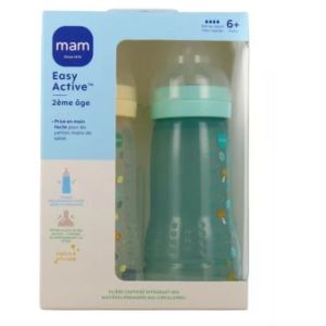 MAM - Easy Active 2 Biberons 2ème Âge 330 ml 6 Mois - Beige Feuille et Bleu Champignon