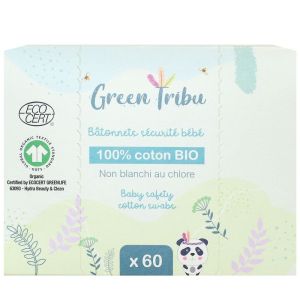 Green tribu - Bâtonnets d'oreille bébé sécurité 100% coton bio - 60 bâtonnets