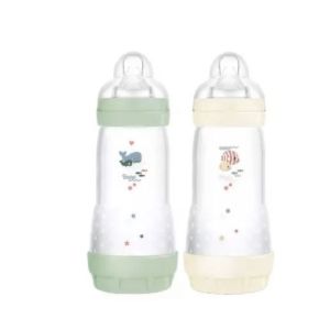 MAM  - 2 Biberons Easy Start 320 ml 4 Mois et + Débit 3 - Couleur : Menthe/Coton