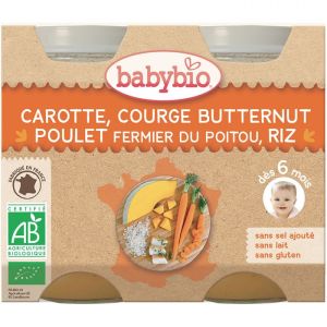 Babybio - Carotte, courge butternut, poulet fermier du Poitou, riz - dès 6 mois - 2 x 200 g