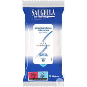 SAUGELLA dermoliquide - Lingettes intimes nettoyantes - Pack de 15 lingettes