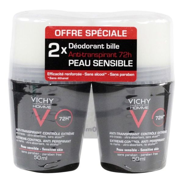 Vichy - Déodorant à bille 72h homme Anti-transpirant contrôle extrême - 2x50ml