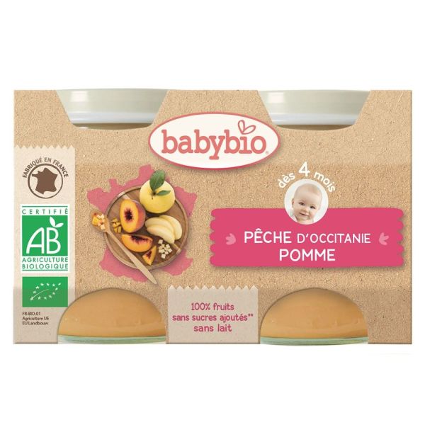 Babybio - Pêche d'Occitanie, Pomme d'Aquitaine - dès 4 mois - 2 x 130 g
