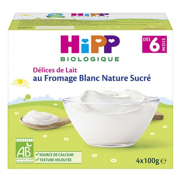 HiPP - Délices de lait fromage blanc nature sucré - 4 x 100 g - dès 6 mois