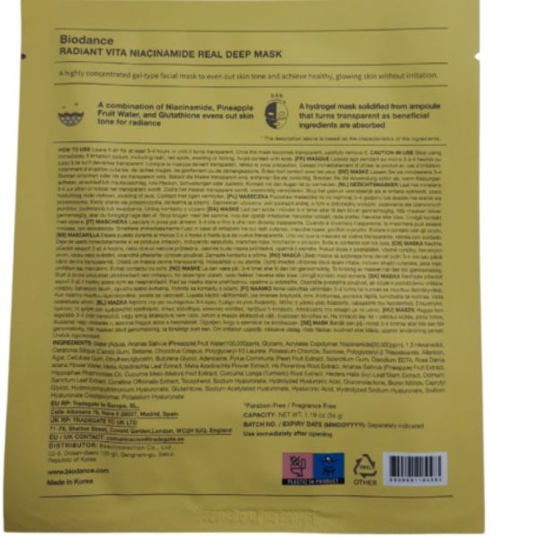 Biodance - Masque Radiant Vita Niacinamide Illuminateur Unifiant - Visage - Peaux Ternes - 34g