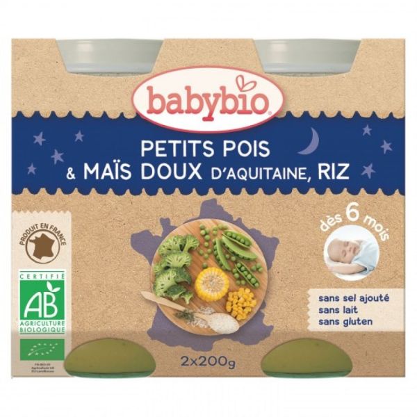 Babybio - Petits pois, maïs doux d'Aquitaine, riz de Camargue - dès 6 mois - 2 x 200 g