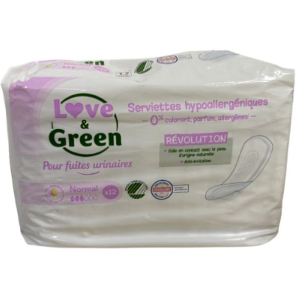 Love & Green - Serviettes Hypoallergéniques Fuites Urinaires Normal - x12