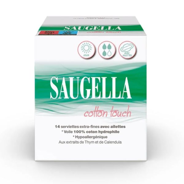 Saugella Cotton Touch - Serviettes Extra-Fines Jour avec Ailettes - x14