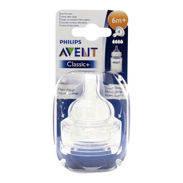 Avent - Tétine Classic+ débit rapide 6 mois et + 4 trous - 2 tétines