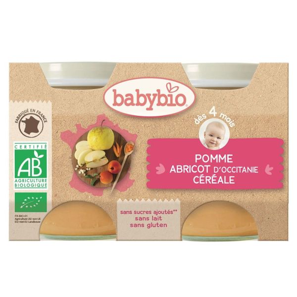 Babybio - Pomme, abricot d'Occitanie & céréales - dès 4 mois - 2 x 130 g