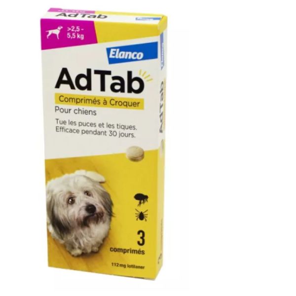 Elanco - ADTAB Antiparasitaire Interne Chien de +2.5 à 5.5kg + 3 Comprimés à Croquer