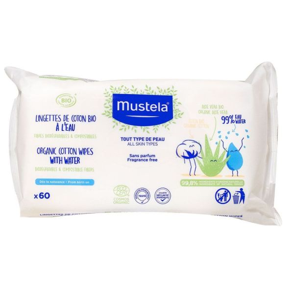 Mustela - Lingettes de coton bio à l'eau - 60 lingettes