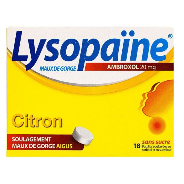 Lysopaine - Ambroxol citron maux de gorge aigus - 18 pastilles