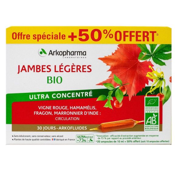 Arkopharma - Arkofluides Jambes Légères Bio - 20 Ampoules + 10 offertes
