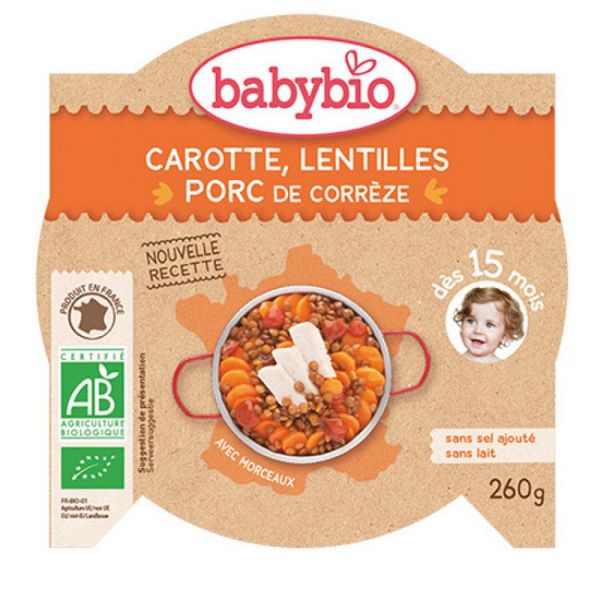 Babybio - Cassolette de Carotte Lentilles du Gers, Porc de Corrèze - dès 15 mois - 260g