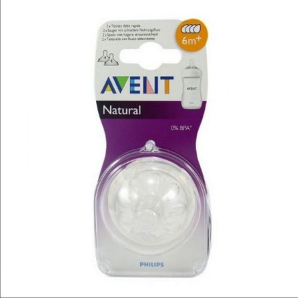 Avent - Tétine Natural débit rapide 6 mois et + 4 trous - 2 tétines
