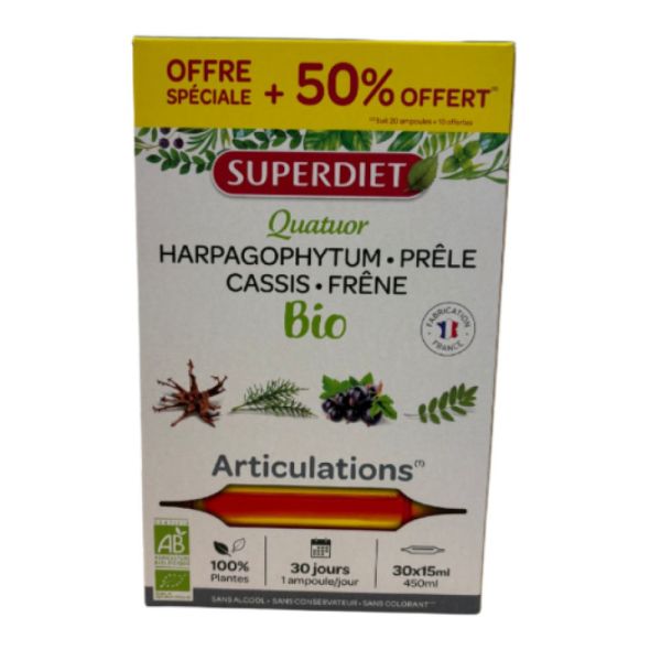 Superdiet - Quatuor Harpagophytum Prêle - Cassis - Frêne bio Articulations - 30 ampoules de 15 mL
