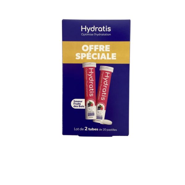 Hydratis - Pastilles effervescentes d'hydratation saveur fruits des bois - 2 Tubes de 20 pastilles