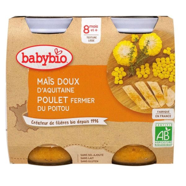 Babybio - Maïs doux d'Aquitaine, poulet fermier du Poitou - dès 8 mois - 2x200g