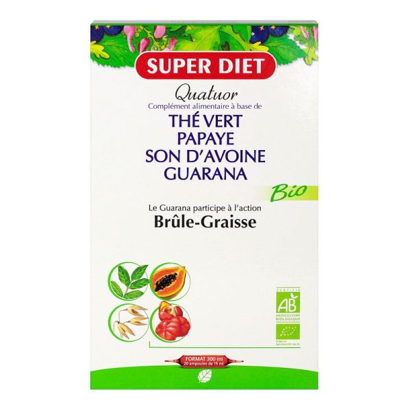 Superdiet - Quatuor Thé vert Papaye Son d'avoine Guarana - 20 ampoules 15 ml