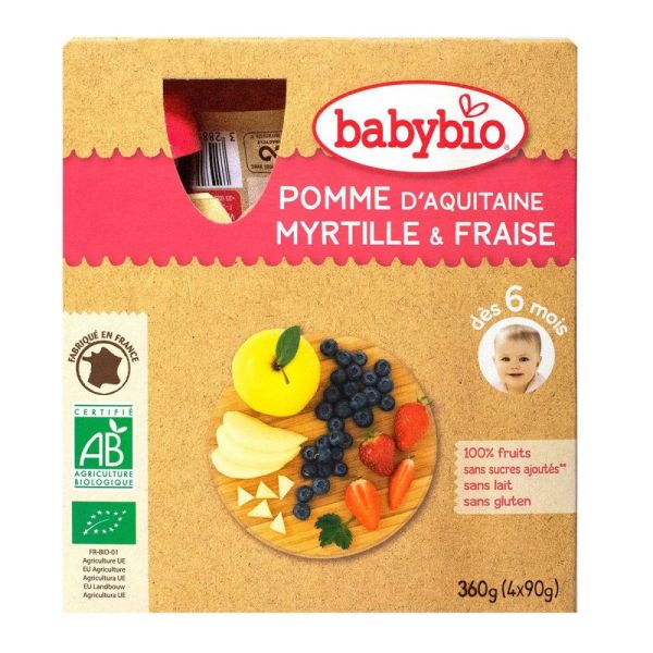Babybio - Pomme d'Aquitaine Myrtille & Fraise - dès 6 mois - 4x90g
