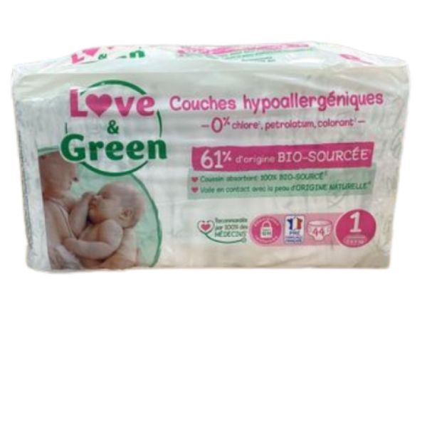 Love & Green Couches Hypoallergéniques Taille 1 (2-5 kg) - 44 Couches