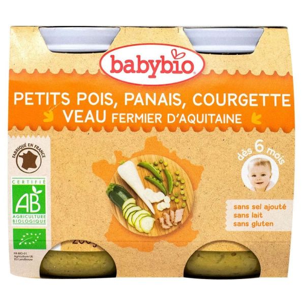 Babybio - Petits pois, panais, courgette Veau fermier d'Aquitaine - dès 6 mois - 2x200g