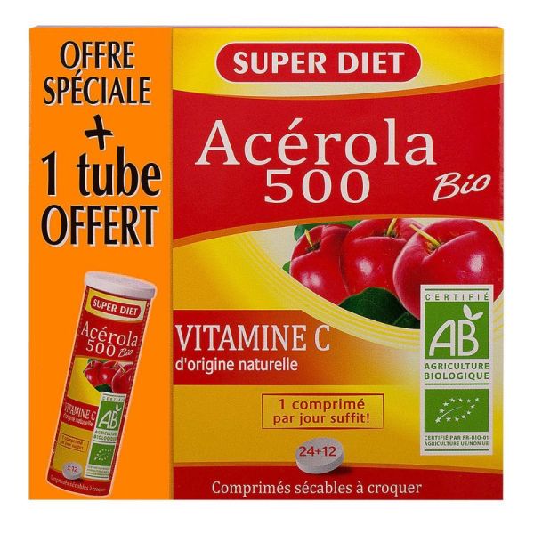 Superdiet - Acérola 500 Bio - 24+12 comprimés à croquer