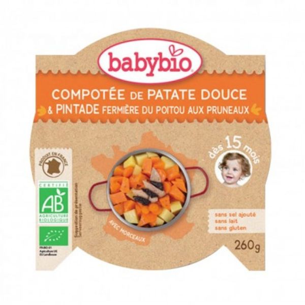 Babybio - Compotée de Patate douce Pintade fermière du Poitou, Pruneaux - dès 15 mois - 260g