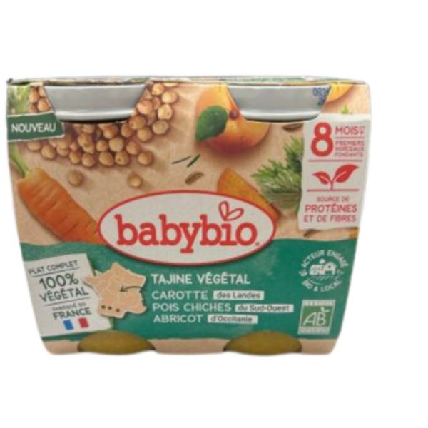 Babybio - Tajine végétal Carotte des Landes, Pois Chiches du Sud-Ouest, Abricot d'Occitanie - 2x200g