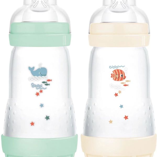 MAM  - 2 Biberons Easy Start 320 ml 4 Mois et + Débit 3 - Couleur : Menthe/Coton