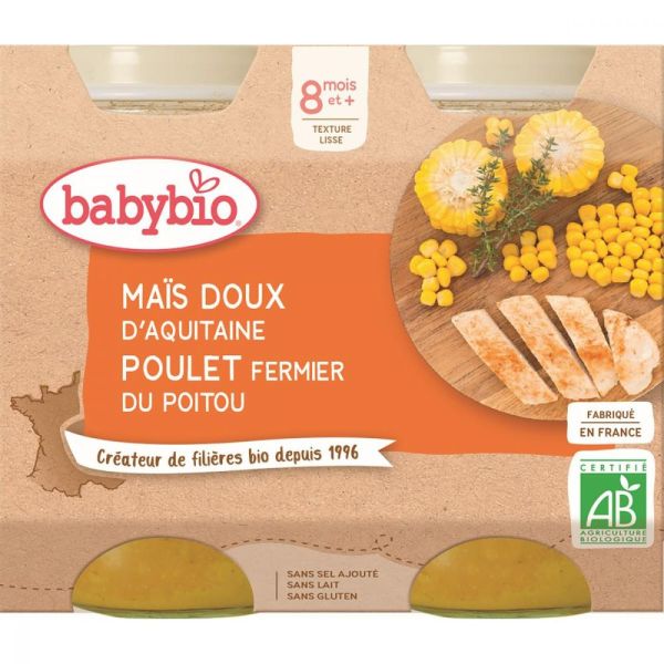 Babybio - Maïs doux d'Aquitaine, poulet fermier du Poitou - dès 8 mois - 2x200g