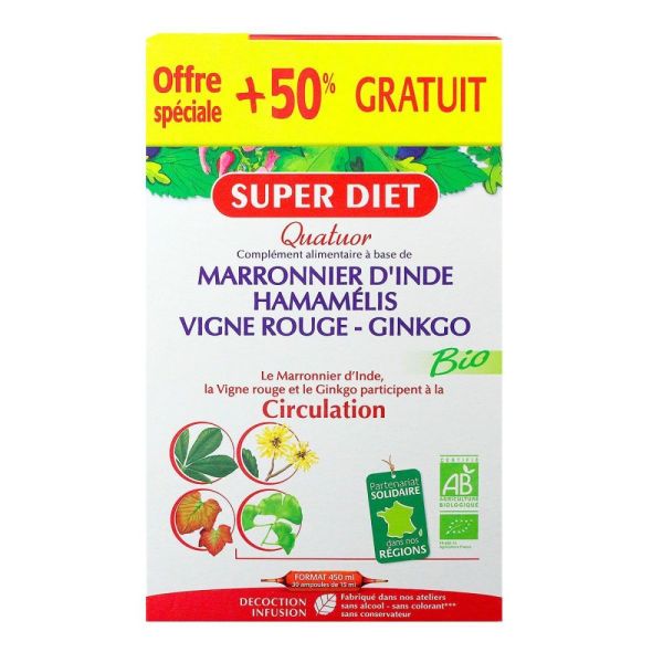 Superdiet - Quatuor Marronnier d'Inde Hamamélis Vigne rouge Ginkgo - ampoules 15ml