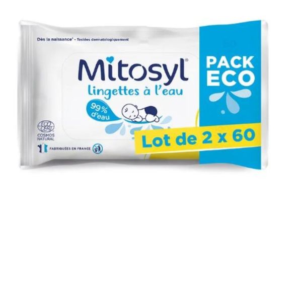 Mitosyl - Lingettes à l'eau lot de 2 - 2x60 lingettes