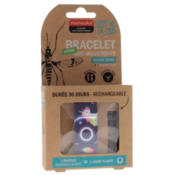 Manouka - Bracelet anti-moustiques toutes zones junior licorne + recharge de 6ml