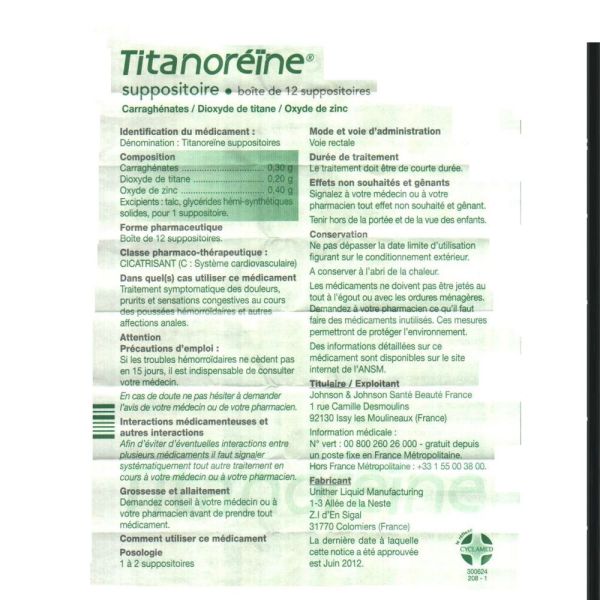 Titanoréïne 12 suppositoires traitement crises hémorroïdaires