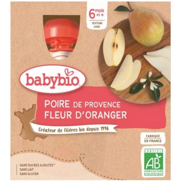 Babybio - Gourdes Poire fleur d'oranger - 4 x 90g - dès 6 mois